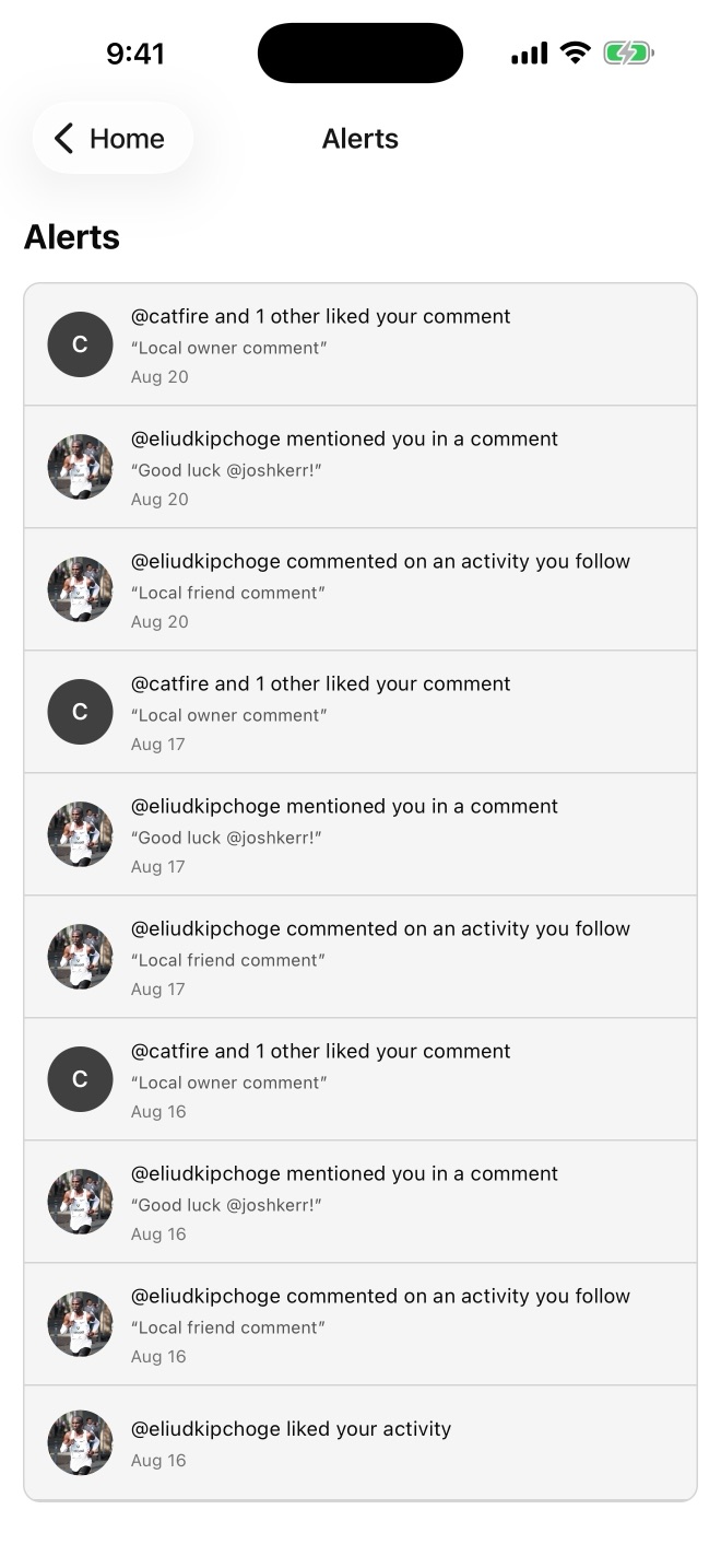 Race Poke Alerts inbox with likes, comments, and mentions