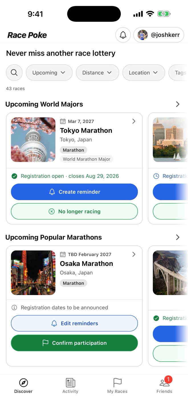 Race Poke Discover screen showing upcoming races and registration dates