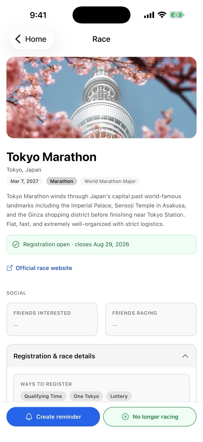 Tokyo Marathon details and reminder controls in Race Poke